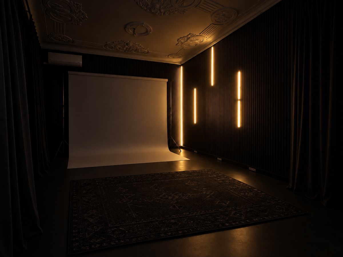 PAS Creative Space çekim alanı: beyaz sonsuz fon, siyah çıtalı duvar ve dikey sıcak ışık şeritleri